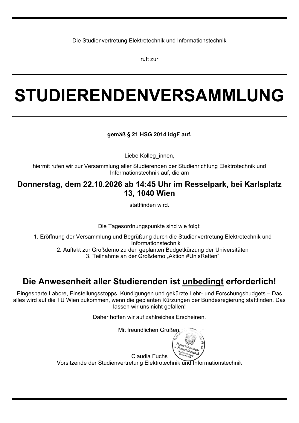 Einladung zur Studierendenversammlung
